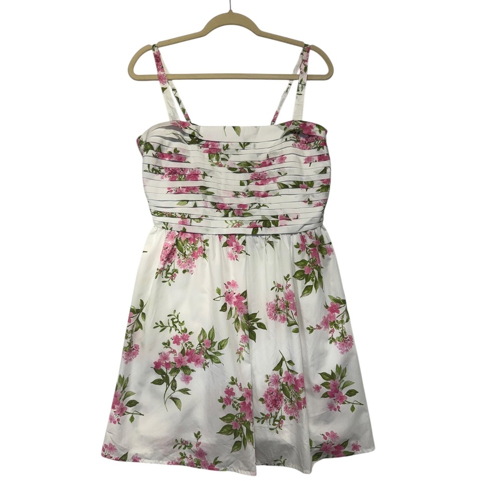 Blu Pepper Floral Fit & Flare Mini Dress White Pink Pleated Smocked Large CR2232